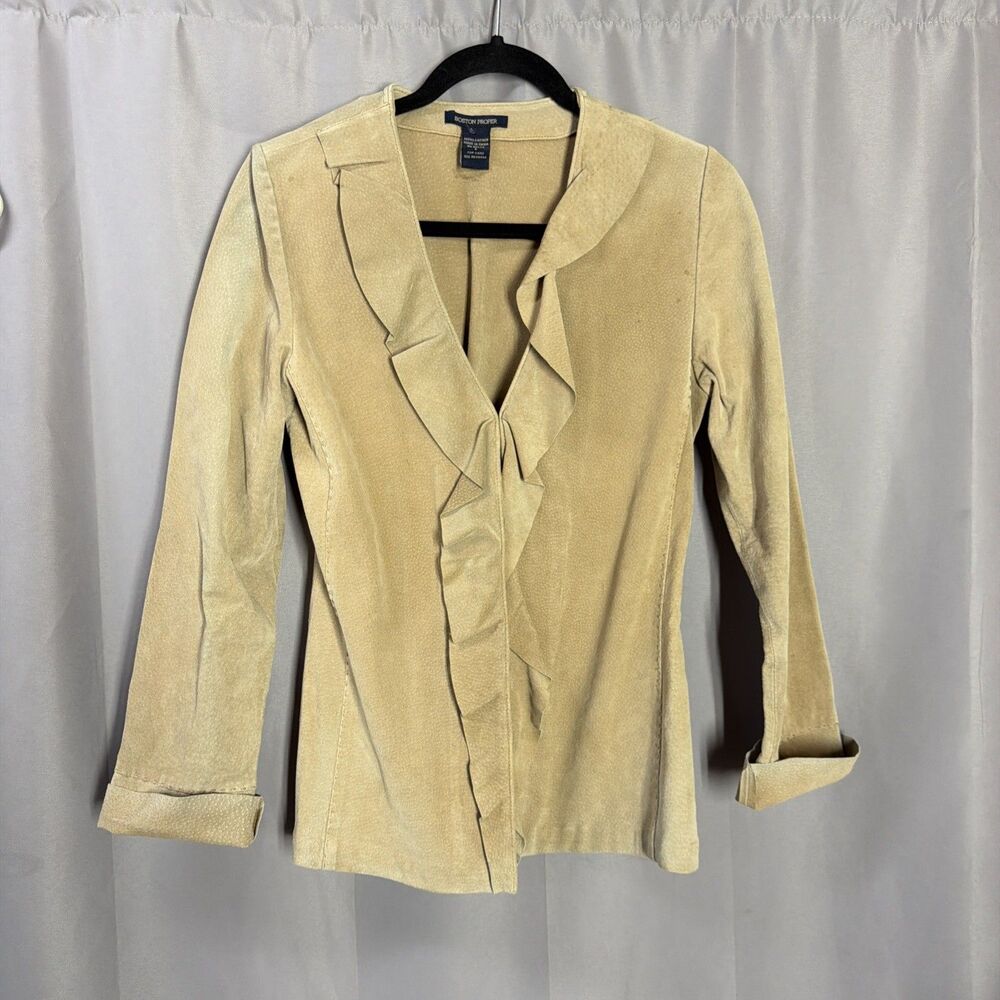 BOSTON PROPER GENUINE LEATHER JACKET RUFFLED NEUTRAL TAN WOMENS 6
